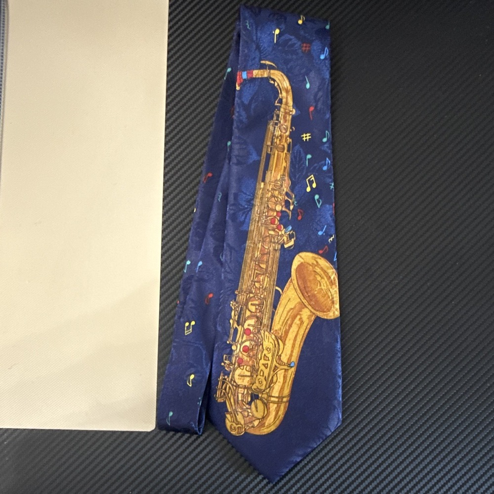 Albert Elovitz Handmade Blue Saxophone & Music Notes Tie 100% Polyester 54"